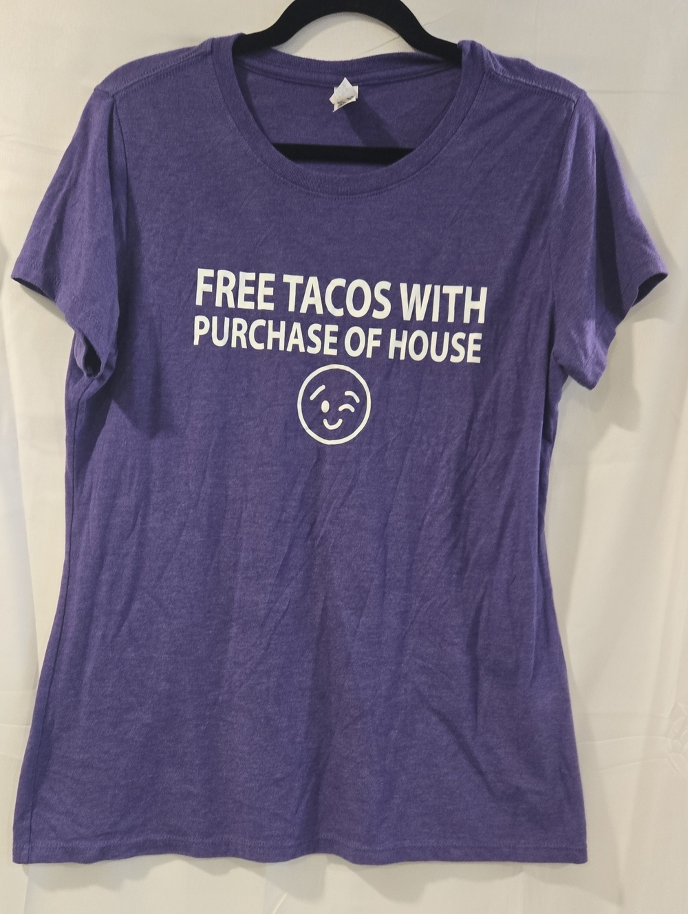District Purple Slogan T-Shirt 'Free Tacos with Purchase of House' Size Large